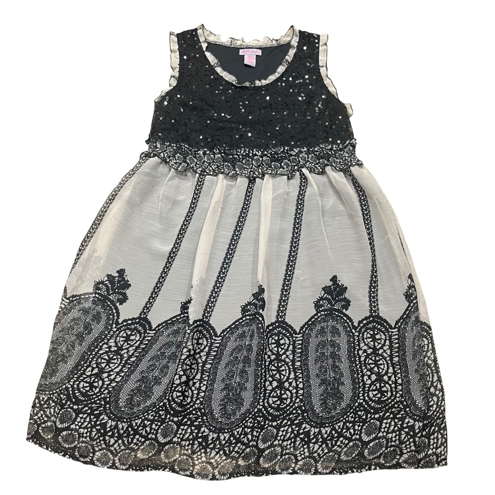 Vintage Ultra Pink Womens Sleeveless Sequin Lace Print Chiffon Dress Black Tan M